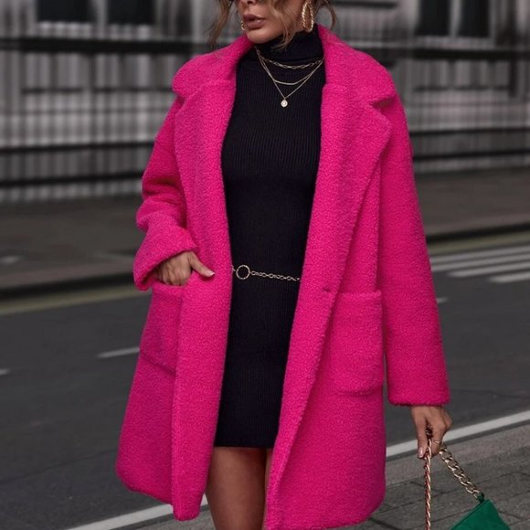 Pocketed  Lapel Neckline faux fur Teddy Coat jacket Hot Pink - Picture 6 of 6